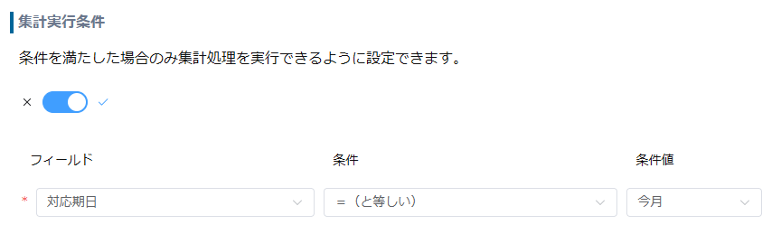 関連レコード一覧の集計実行条件で、対応期日が今月と等しい設定