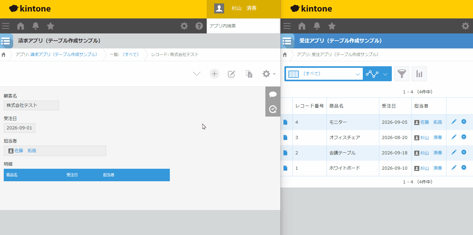 請求アプリで、受注日が今月かつ担当者がログインユーザーのレコードだけテーブルを作成でき、明細にホワイトボードと会議テーブルだけが入っている
