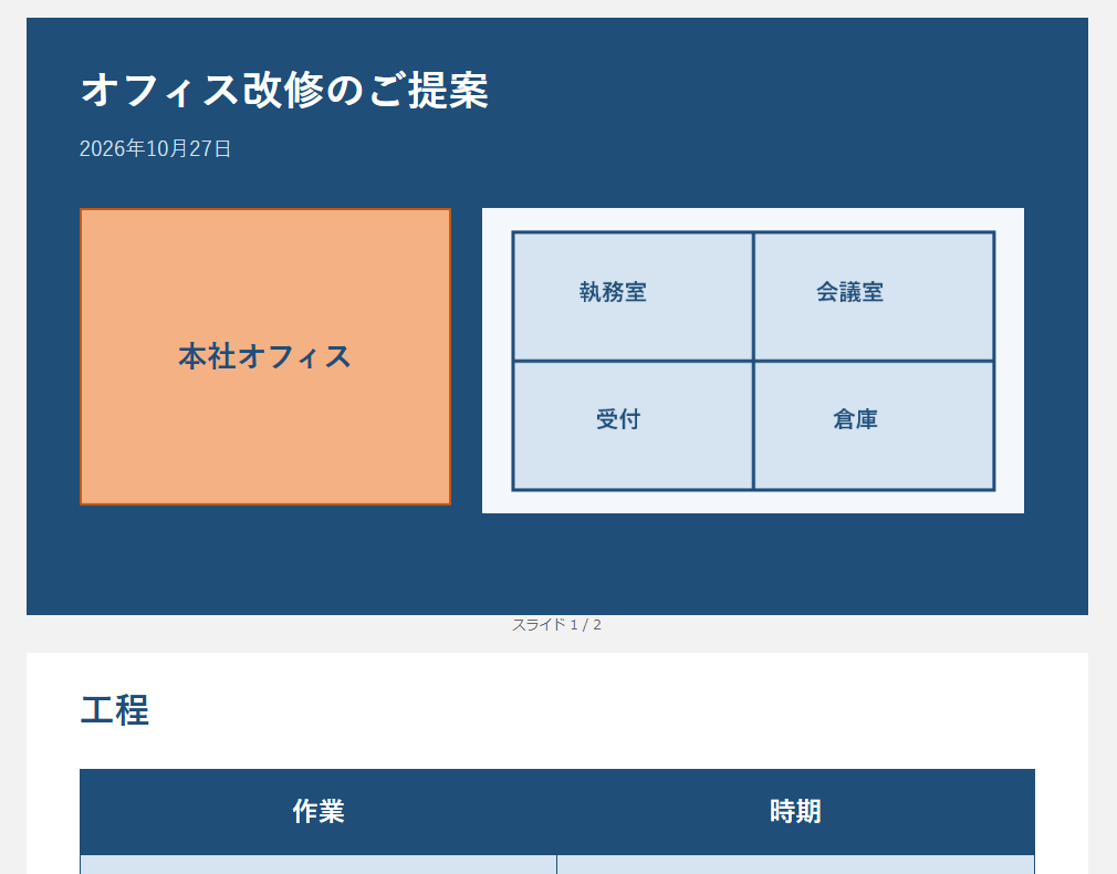 PowerPointの変更後。提案スライドに背景色、オレンジの四角、間取りの画像、色付きの工程表が表示される