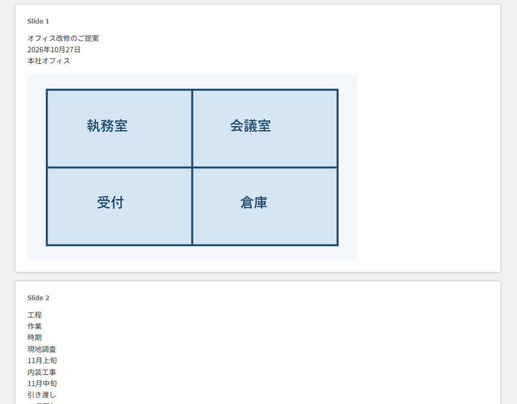 PowerPointの変更前。提案スライドはタイトルが文字の並びで、間取りの画像と工程の文字が分かれて表示される