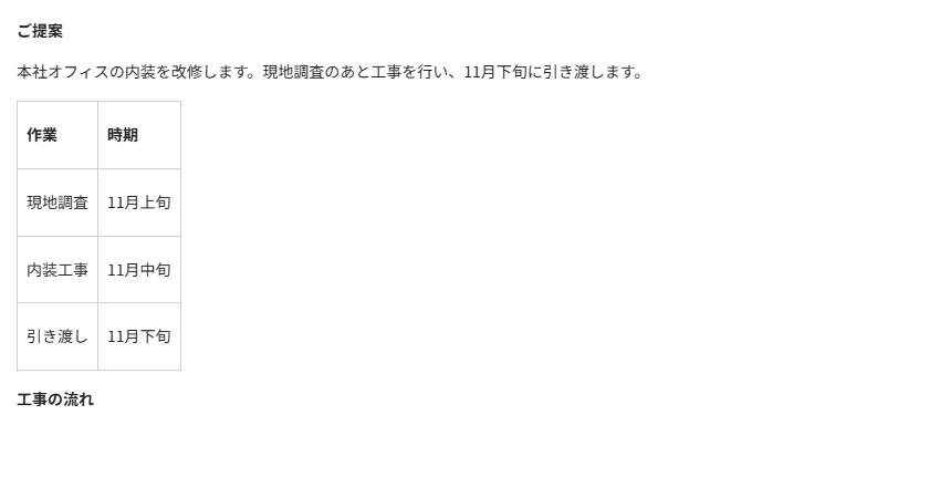 Wordの変更前。提案書は本文と表がそのまま並び、ヘッダーや矢印はない